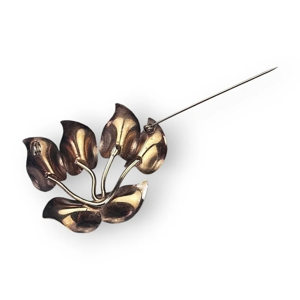 Art Deco Floral Brooch Shiny Gold Plated Leaves Leaf Dimensional Vintage 40s 2